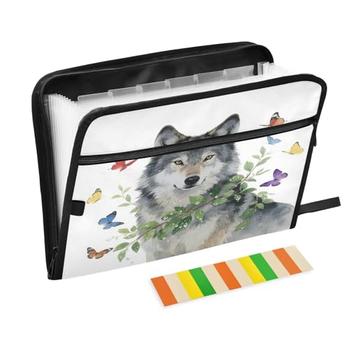 Fächermappe, 13 Fächer, A4, Briefgröße mit Reißverschluss, für Bürobedarf, Wildtiere, Tiere, Wolf, Grau/Weiß von miaozhen