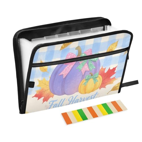 Fächermappe, 13 Taschen, A4, Briefgröße mit Reißverschluss, für Papiere, Hello Herbst, Kürbis, kariert, kariert, blau, expando Fächermappe, 13 Taschen, A4, Briefgröße mit Reißverschluss, für Papiere, Hello Herbst, Kürbis, kariert, kariert, blau, expando von miaozhen