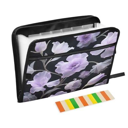 Fächermappe, 13 Taschen, A4, Briefgröße mit Reißverschluss, für Schule, Zuhause, Büro, Klassenzimmer, lila Blumen, schwarze Teppiche Fächermappe, 13 Taschen, A4, Briefgröße mit Reißverschluss, für Schule, Zuhause, Büro, Klassenzimmer, lila Blumen, schwarze Teppiche von miaozhen