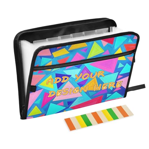 Fächermappe aus Kunststoff, 13 Fächer, A4, Briefgröße, anpassbarer Organizer mit Tasche mit Reißverschluss, für Papiere, geometrisches Muster, Dreieck, bunt, Violett von miaozhen