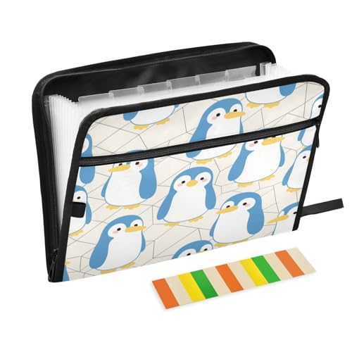 Fächermappe mit Etiketten, 13 Taschen, A4, Briefgröße mit Reißverschluss, für Papiere, Kinderpinguin, Blau / Gelb von miaozhen