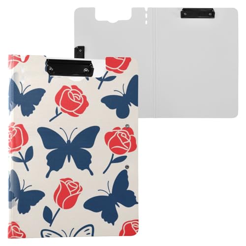 Faltbare Klemmbretter Mode Blau Rot Rose Blume Schmetterling A4 Clipfolio Horizontal und Vertikal Doppelclips Büro Klemmbrett mit Abdeckung von miaozhen