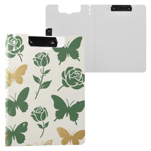 Faltbare Klemmbretter Mode Grün Gold Rose Blume Schmetterling A4 Klemmbrett Binder Doppelclips Stifthalter Still-Clipboard mit Abdeckung von miaozhen