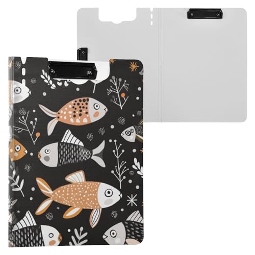 Faltbares Klemmbrett Boho Fisch Schwarz und Orange A4 Klemmbrett Folio Horizontal und Vertikal Doppelclips Still-Clipboard mit Abdeckung von miaozhen