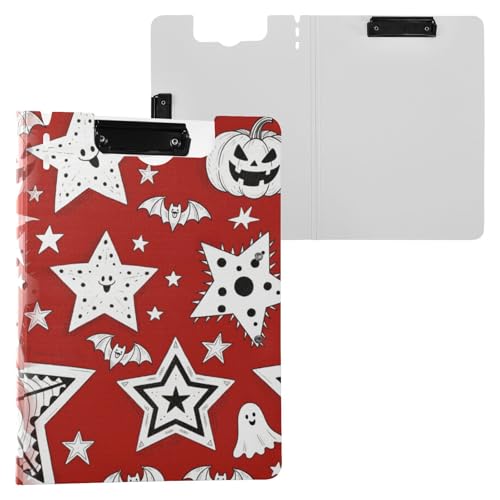 Faltbares Klemmbrett Halloween Stern Kürbis Fledermaus Rot und Weiß A4 Klemmbrett mit Padfolio Horizontal und Vertikal Doppelclips Büro Klemmbrett mit Abdeckung von miaozhen