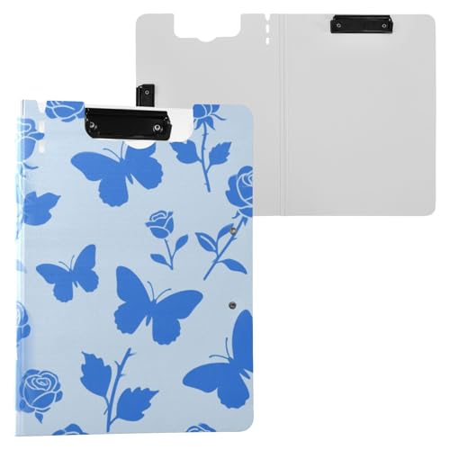 Faltbares Klemmbrett Mode Blau Rose Blume Schmetterling A4 Klemmbrett mit Padfolio Doppelclips Stifthalter Schule Klemmbrett mit Hardcover von miaozhen