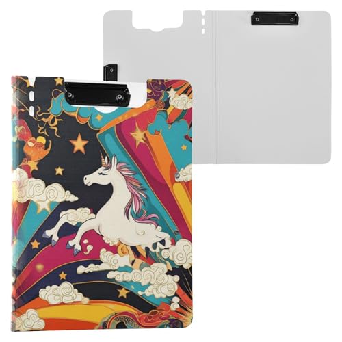 Faltbares Klemmbrett mit Aufbewahrung, Einhörner, Regenbogen-Stern, A4-Klemmbrett, Folio-Doppel-Clips, Stifthalter, Schul-Klemmbrett mit Abdeckung von miaozhen