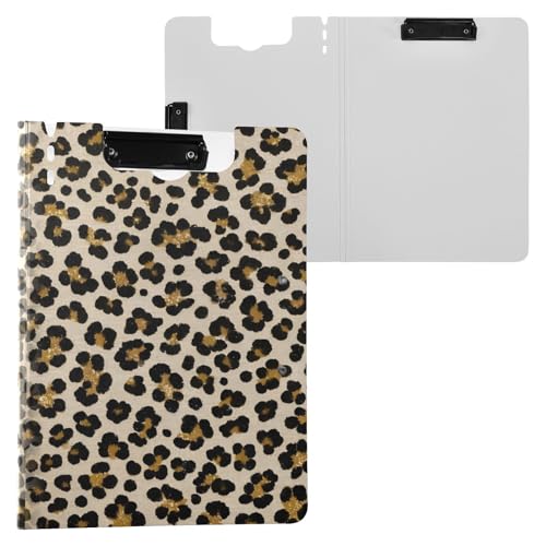 Faltbares Klemmbrett mit Aufbewahrung, künstlicher Glitzer-Leopardenmuster, Beige, A4-Klemmbrett, Clipfolio, doppelte Metall-Clips, Stifthalter, Still-Clipboard mit Abdeckung von miaozhen