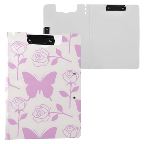 Faltbares Klemmbrett mit Aufbewahrung, trendiges rosa Schmetterlings-/Blumen-Klemmbrett, A4, zwei Metall-Clips, Stifthalter, Still-Clipboard mit Abdeckung von miaozhen