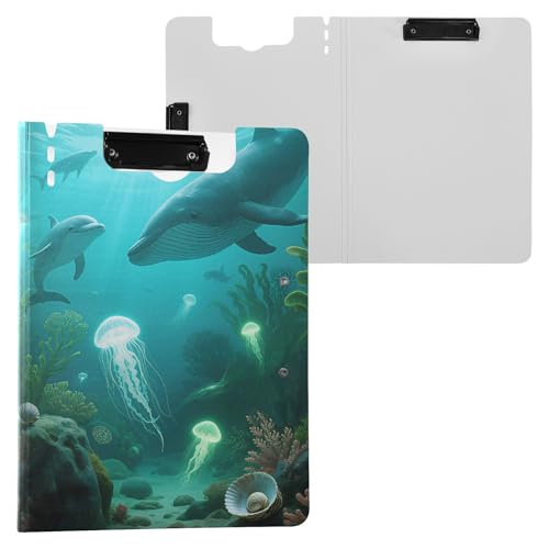 Faltbares Klemmbrett mit friedlichem Unterwasser-Tier-/Quallen-Delfin-A4-Klemmbrett mit Padfolio, Doppel-Clips, Stifthalter, Still-Clipboard mit festem Einband von miaozhen