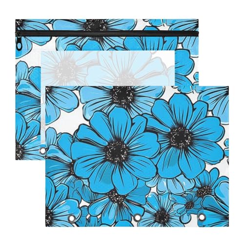 Federmäppchen, 3 Löcher, 3 Ringe, Tasche für 3 Ringe, 2 Stück, Lehrer, Klassenzimmer, elegante lebendige blaue Blumen, schwarze Mitte, cartuchera para lapices von miaozhen