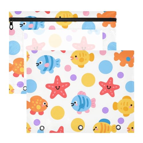 Federmäppchen, 3 Löcher, 3 Ringe, Tasche für 3 Ringe, 2 Stück, Studenten, Klassenzimmer, Cartoon, niedlich, bunte Fische und Seesterne, Bolsa para lapices von miaozhen
