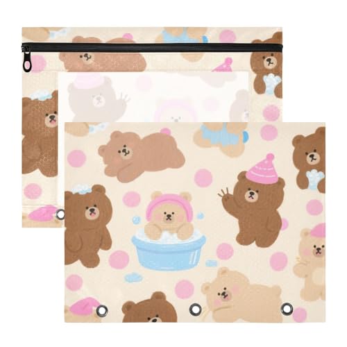 Federmäppchen, stabile 3-Loch-Tasche für A4-Papier, Briefe, 2 Stück, Studenten, Klasse, Cartoon, niedlicher brauner Teddybär, Bolsa para lapices von miaozhen