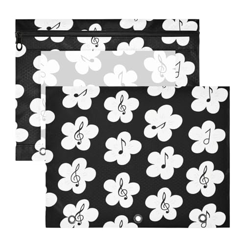 Federmäppchen mit 3 verstärkten Ösen, Kunststoff-Aktenordner für 3 Ringe, 2 Stück, Lehrerklasse, schwarz-weiß, florales Notizmuster, Ordner für Dokumente von miaozhen