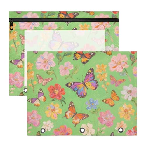 Federmäppchen mit Reißverschluss, 3-fach Locher, für A4-Papier, Briefe, 2 Stück, Lehrer, Klassenzimmer, Zubehör, bunte Blumen und Schmetterlinge, Bolsa para lapices von miaozhen