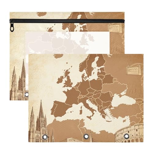 Federmäppchen mit Reißverschluss, 3-fach Locher, für A4-Papier, Briefe, 2 Stück, für Lehrer, Zuhause, Retro-Karte, kontinental, europäisch, Braun, Bolsa para lapices Federmäppchen mit Reißverschluss, 3-fach Locher, für A4-Papier, Briefe, 2 Stück, für Lehrer, Zuhause, Retro-Karte, kontinental, europäisch, Braun, Bolsa para lapices von miaozhen