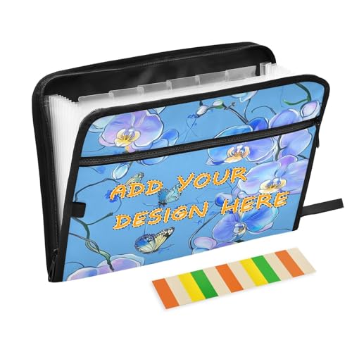 Individuelle Dokumentenmappen, 13 Taschen, A4, Briefformat, mit Reißverschluss, für Papiere, Cartoon, Orchidee, Blume, Blau von miaozhen
