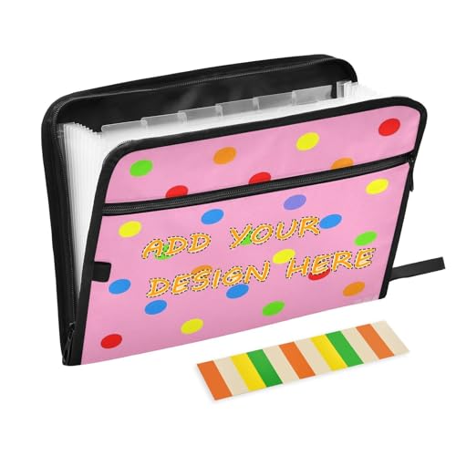 Individuelle Mappe mit Taschen, 13 Fächer, A4, Briefgröße, personalisierbar, erweiterbare Dokumententasche mit Reißverschluss, für Bürobedarf, Cartoon, bunte Punkte, rosa Teppiche von miaozhen