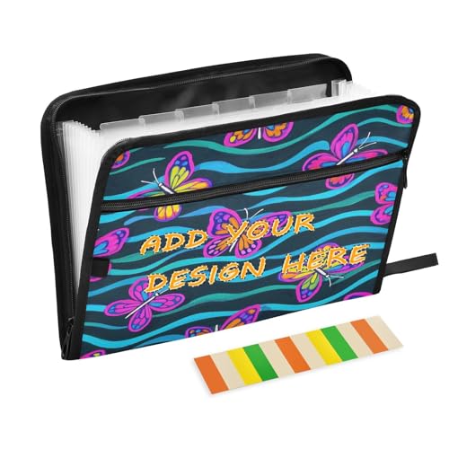 Individueller Organizer mit 13 Fächern, A4, Briefgröße, personalisierbar, mit Reißverschluss, für Business, fluoreszierende Schmetterlinge, Wellenmuster von miaozhen