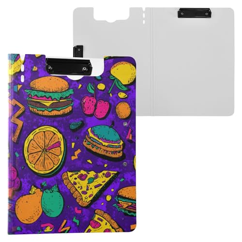 Klemmbrett mit Aufbewahrung, lebendige Farben, Obst, Burger, Pizza, bunt, A4-Klemmbrett mit Ordner, doppelte Metall-Clips, Stifthalter, Still-Clipboard mit festem Einband von miaozhen