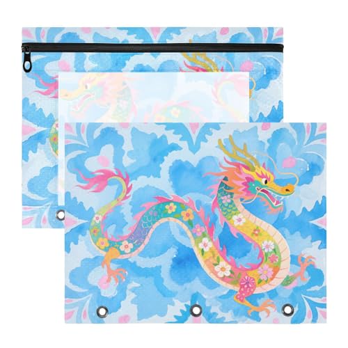 Mehrzweck-Bleistiftbeutel, 3 Löcher, für 3 Ringe, 2 Stück, Studenten, Schulbedarf, Boho, Tier, Drache, fliegender Ordner für Dokumente von miaozhen