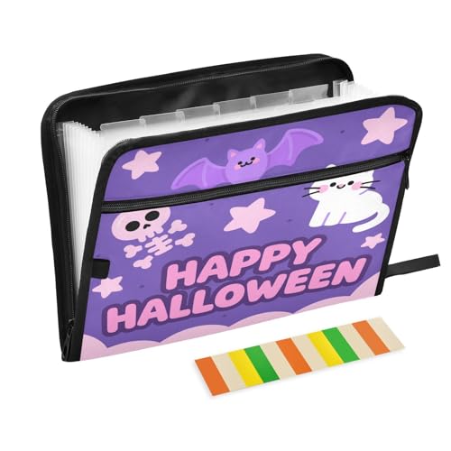 Ordner mit Etiketten, 13 Taschen, A4, Briefgröße, mit Reißverschluss, für Bürobedarf, Happy Halloween, Fledermaus, niedliche Katze, violett, carpeta de von miaozhen