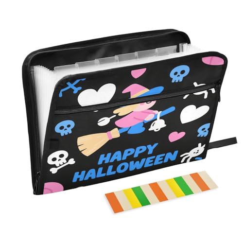 Ordner mit Tasche, 13 Taschen, A4, Briefgröße mit Reißverschluss, für Klassenzimmer, Zuhause, Büro, Reisen, Halloween, Hexenherz, Schwarz / Blau von miaozhen