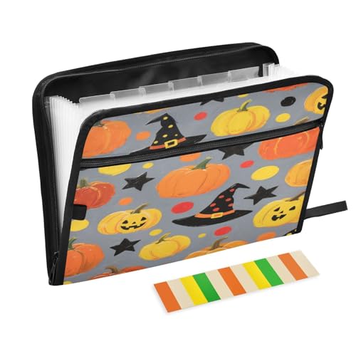 Ordner mit Taschen, 13 Taschen, A4, Briefgröße mit Reißverschluss, für Büro, Schule, Halloween, gelber Kürbis, Hexenhut, Organizer Ordner mit Taschen, 13 Taschen, A4, Briefgröße mit Reißverschluss, für Büro, Schule, Halloween, gelber Kürbis, Hexenhut, Organizer von miaozhen