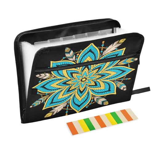 Ordner mit Taschen, 13 Taschen, A4, Briefgröße mit Reißverschluss, für Bürobedarf, Bohemian-Mandala, Blume, Blau, Gelb, Expando Ordner mit Taschen, 13 Taschen, A4, Briefgröße mit Reißverschluss, für Bürobedarf, Bohemian-Mandala, Blume, Blau, Gelb, Expando von miaozhen