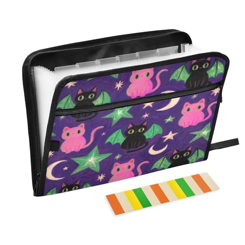 Ordner mit Trennblättern, 13 Taschen, A4, Briefgröße, mit Reißverschluss, für Bürobedarf, Schwarz und Rosa, Halloween-Katzen, Carpeta de Ordner mit Trennblättern, 13 Taschen, A4, Briefgröße, mit Reißverschluss, für Bürobedarf, Schwarz und Rosa, Halloween-Katzen, Carpeta de von miaozhen