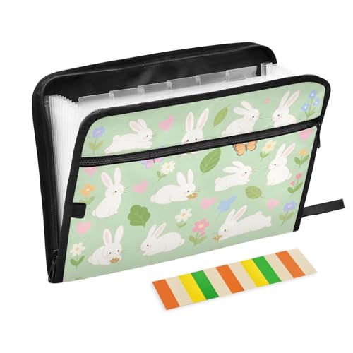 Ordner mit Verschluss, 13 Taschen, A4, Briefgröße mit Reißverschluss, für Papiere, niedliches Kaninchen, Schmetterling, Blume, Hellgrün Ordner mit Verschluss, 13 Taschen, A4, Briefgröße mit Reißverschluss, für Papiere, niedliches Kaninchen, Schmetterling, Blume, Hellgrün von miaozhen