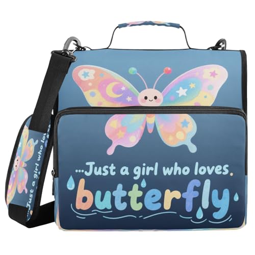 Organizer mit 3 Ringen und Reißverschluss, 3,8 cm, mit Griff und abnehmbarem Schultergurt, "Just A Girl Who Loves Butterfly", mehrere Taschen für Schule/Büro, Clip de Cremallera von miaozhen
