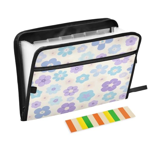 Schnellhefter mit Taschen, 13 Taschen, A4, Briefgröße mit Reißverschluss, für Bürobedarf, Blau-Violett, kleine Blumen von miaozhen