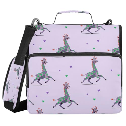 Schulbedarf-Organizer mit 3 Ringen, 3,8 cm, mit Schultergurt, lustige Tier-Giraffe, lila, grün, Herz, Lavendel, mehrere Taschen für Büro, Schule, Clip de Cremallera von miaozhen