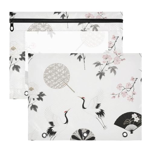 Tragbare Kosmetiktasche mit 3 Ringen für 3 Ringe, 2 Stück, Lehrer, Büro, grauer Kranich, Blumen, Fächermappe para documentos von miaozhen
