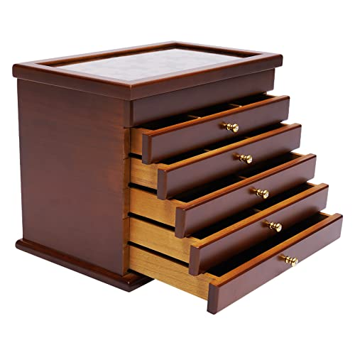 Schmuckkästchen Schmuckaufbewahrung, 6 Ebenen Schmuckkasten Groß Jewelry Organizer Vintage-Schnitzerei mit 5 Schubladen, Schmuckschatulle für Haarnadeln Ohrringe Ringe (Holzfarbe) von miihgnos