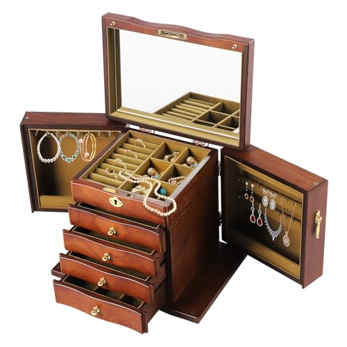 Schmuckkästchen Schmuckaufbewahrung mit 4 Schubladen, 5 Ebenen Vintage Schmuckkasten Jewelry Organizer mit Spiegel und Schlösser, Schmuckschatulle für Haarnadeln Ohrringe Ringe Schmuckkästchen Schmuckaufbewahrung mit 4 Schubladen, 5 Ebenen Vintage Schmuckkasten Jewelry Organizer mit Spiegel und Schlösser, Schmuckschatulle für Haarnadeln Ohrringe Ringe von miihgnos