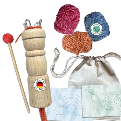 mikiprojekt® Bastelset Strickliesel, nachhaltiges Komplettset mit Strickliesel, Strickstab, Garn, Aufbewahrungsbeutel, Einfädelhilfe, 2 Bastelvorlagen und Anleitung, plastikfrei, von 5 bis 99 Jahre von miki projekt