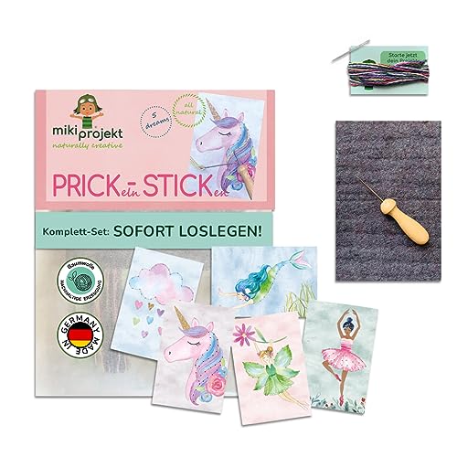 mikiprojekt® 2in1 Prickelnadel Set Kinder inkl. Stickbilder für Kinder & einfacher Anleitung für sicheres Gelingen I Sicheres Prickeln & Sticken Kinder Set aus unbedenklichem Material I Prickelset von miki projekt