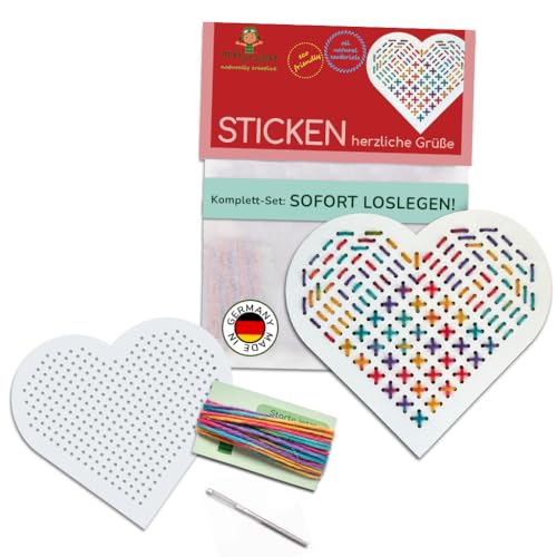 mikiprojekt® Stickset Kinder Herz mit einfacher Anleitung für sicheres Gelingen I Entwicklungsförderndes Stickset aus unbedenklichem Material I nachhaltige Stickbilder für Kinder von miki projekt