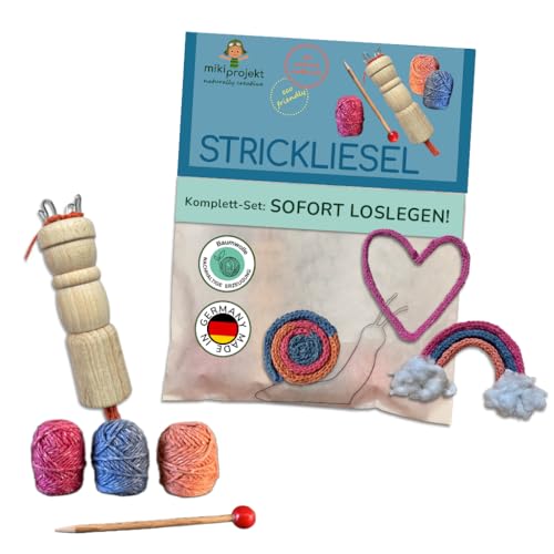 mikiprojekt® Strickliesel für Kinder ab 5 Jahre I Nachhaltiges Komplettset mit Strickliesel, Strickstab, Garn in 3 Farben & Anleitung I Plastikfreies Stricken für Kinder I Strickliesel Set 5-99 J. von miki projekt