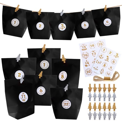 Adventskalender zum Befüllen, 24 schwarze Geschenktüten Papiertüten mit 24 Nummernaufklebern und Holzklemme für DIY-Basteleien, Weihnachtskalender zum Basteln, Geschenke und Advent. Adventskalender zum Befüllen, 24 schwarze Geschenktüten Papiertüten mit 24 Nummernaufklebern und Holzklemme für DIY-Basteleien, Weihnachtskalender zum Basteln, Geschenke und Advent. von mikuankuan