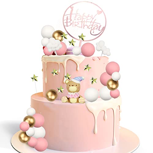 milaosk 35 Stück Tortendeko Geburtstag, Tortendeko Schaumkugeln Cupcake Topper Bubble Ball Happy Birthday Cake Topper Teddybär Kuchen Dekoration Rosa für Mädchen, Baby Taufe von milaosk