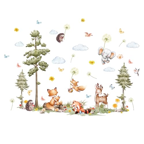 milaosk Wandtattoo Waldtiere Wandaufkleber Wald Baum Fuchs Giraffe Lgel Elefant Waschbär Tapeten Wandbild Aufkleber Wandsticker Kinderzimmer Babyzimmer Wohnzimmer Wanddeko von milaosk