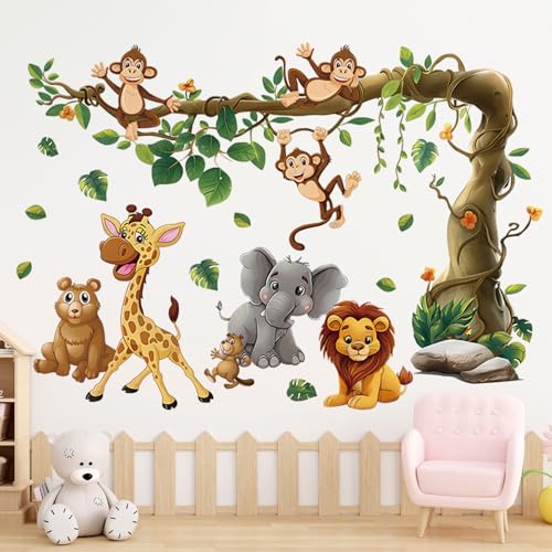 milaosk Wandtattoo Dschungel Waldtiere Bäume Wandsticker Tiere Elefanten Affe Giraffe Löwe Bär Wandbilder Tapete Wandaufkleber Kinderzimmer Babyzimmer Kleinkinderzimmer Schlafzimmer Wanddekoration von milaosk