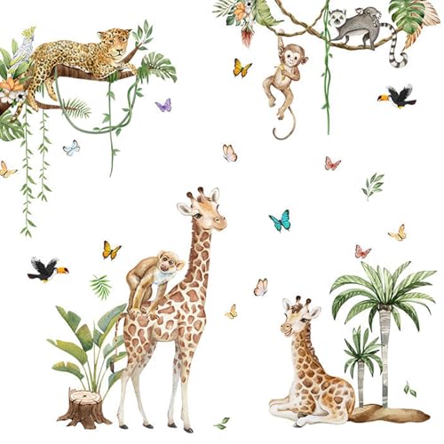 milaosk Wandtattoo Waldtiere Wandsticker Dschungel Leopard Giraffe Monkey Vine Baum Schmetterling Wandbilder Selbstklebende Wandaufkleber Kinderzimmer Schlafzimmer Wohnzimmer Babyzimmer Dekoration von milaosk