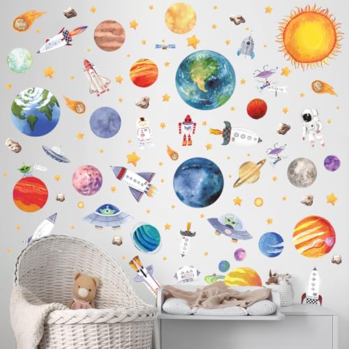 milaosk Wandtattoo Planeten Weltraum Wandsticker Astronaut Raketen Sonnensystem Sterne Raumschiff Aufkleber Selbstklebend Wandbilder Wandaufkleber Kinderzimmer Babyzimmer Wanddeko von milaosk