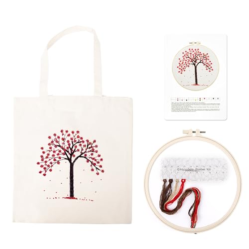 Stickset Tasche Sticken Set Erwachsene, Stickerei Set Anfänger mit Baum-Muster DIY Handgemachte Kreuzstich Segeltuchtasche Sticktasche Embroidery Kit mit Stickrahmen, Farbfäden und Werkzeug von mimzemamz