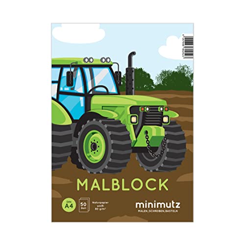 minimutz Malblock Kinder DIN A4 | Deckmotiv Traktor Bulldog | Zeichenblock Malheft 50 Blatt 80g/m² natur-weiß von minimutz