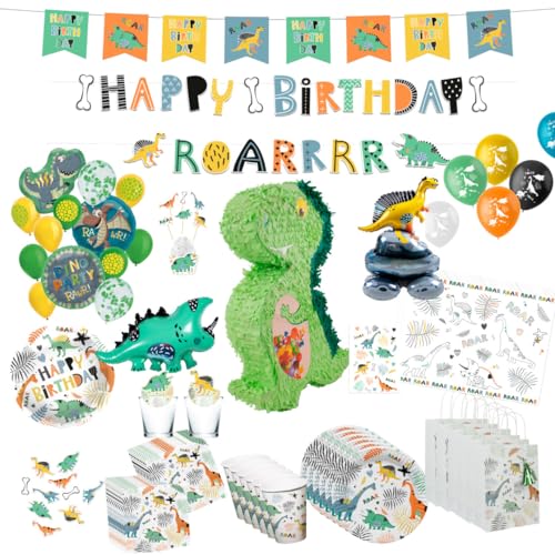 minimutz Geburtstag Deko Dino Set, 100+ Teile Kindergeburtstag Jungen, Partydekoration Dinosaurier Pinata Luftballons, XXL Geburtstagsdeko Kinder von minimutz